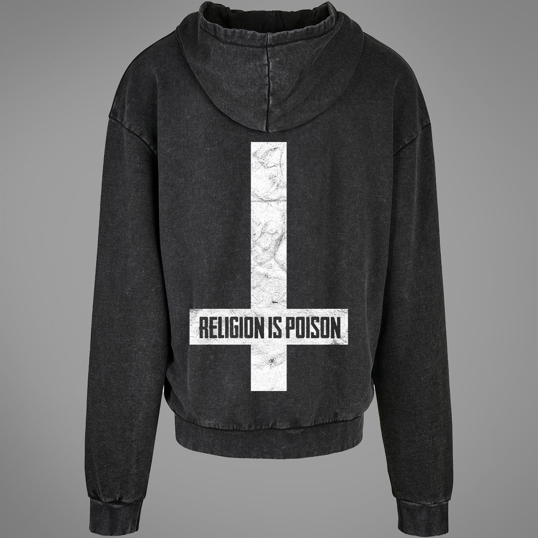 Felpa con cappuccio oversize lavata con acido "Religion Is Poison"