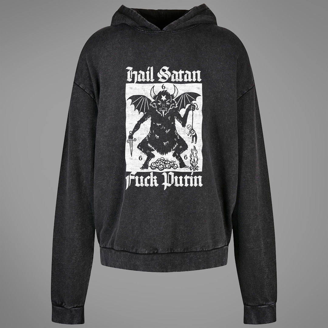 Felpa con cappuccio oversize lavata con acido Hail Satan Fuck Putin