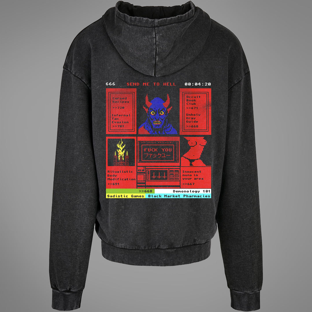 Satanic Teletext Acid Washed Oversized Hoodie