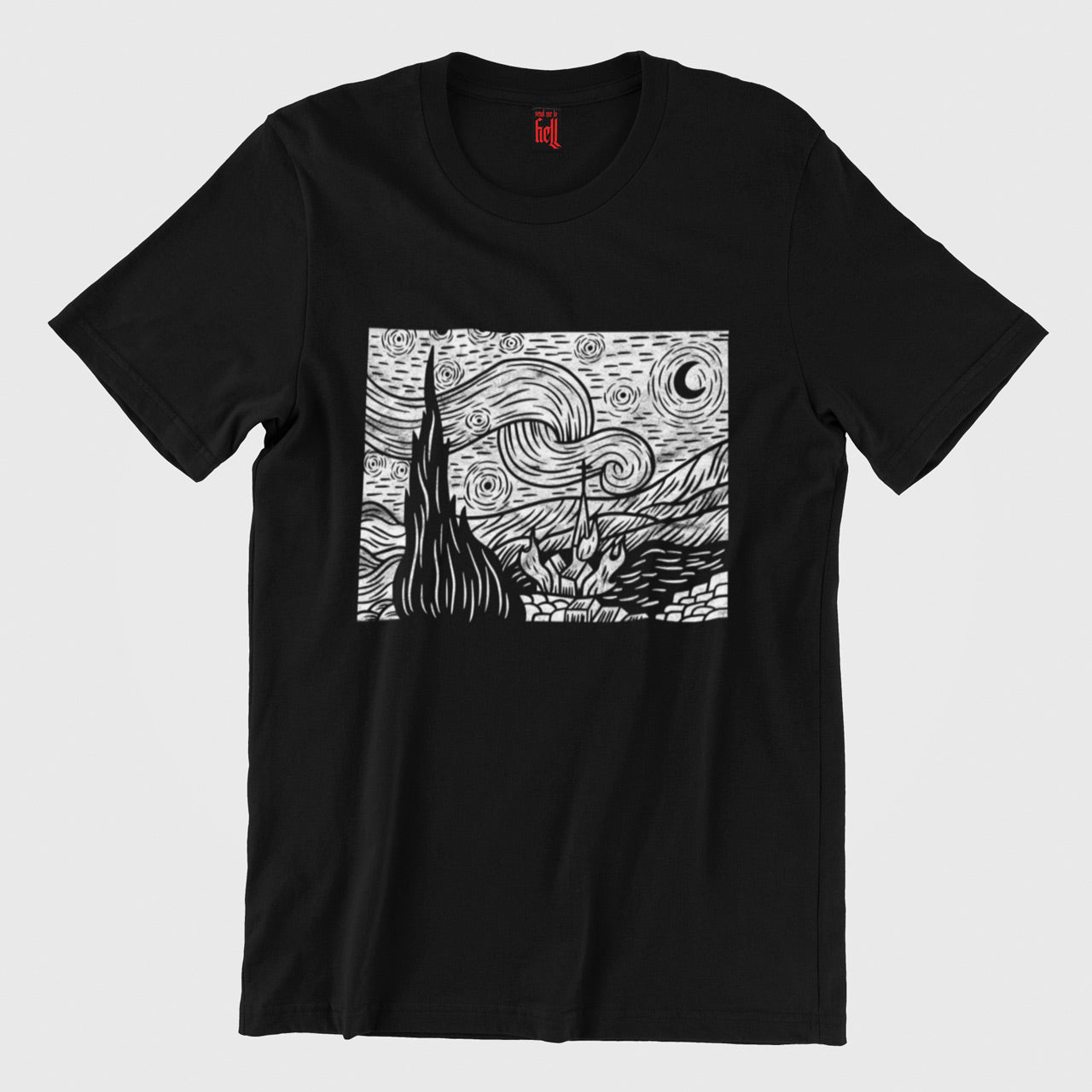 T-shirt unisex con incendio doloso della chiesa della notte stellata 